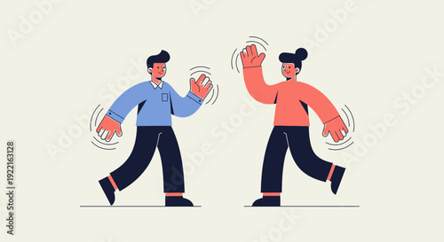 Two smiling people, a man and a woman, are enthusiastically waving hello to each other from a distance, conveying a sense of friendly greeting and connection