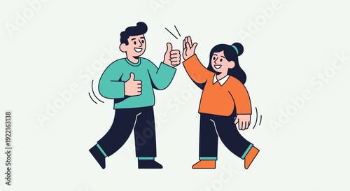 Celebrating teamwork and success with a high five and thumbs up gesture, symbolizing collaboration and achievement in a modern illustration style