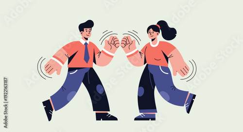 Modern flat illustration of a man and woman cheerfully high-fiving each other with joy and excitement, symbolizing connection and teamwork
