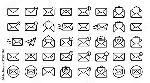 Email and Envelope Vector Icon Set: Minimalist Line Art for Communication and Digital Mail.