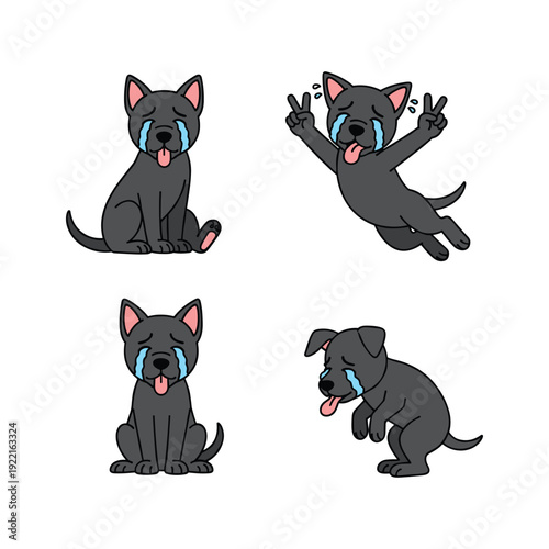 Crying black cartoon dog in various poses with tears on white background