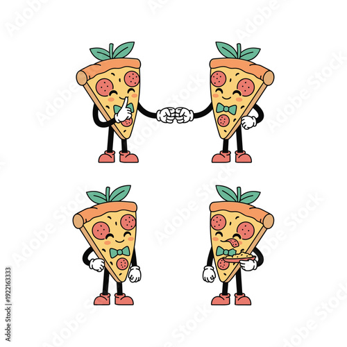 Cartoon pizza slices holding hands in friendship and unity concept with happy smiling faces