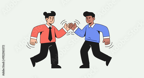 Two businessmen with different colored shirts are giving each other a high five, celebrating success and teamwork with a joyful gesture and dynamic lines that suggest motion and energy