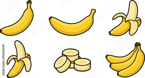 Colorful cartoon banana set with whole, sliced, and peeled fruit variations.
