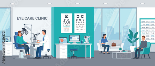 Modern Eye Care Clinic Interior with Ophthalmologist Examining Patient Using Phoropter, Snellen Charts, Medical Equipment, Waiting Area, and Optical Shop Displaying Eyeglass Frames Vector.