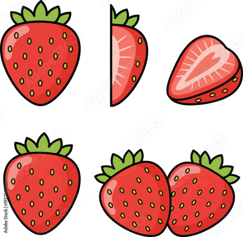 Bright colorful strawberry illustrations set with whole, halved, and sliced fruit depictions.