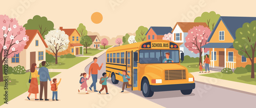 Vibrant flat vector illustration of a yellow school bus stopping on a suburban street to drop off students, with parents waiting by colorful houses and blooming trees on a sunny spring day.