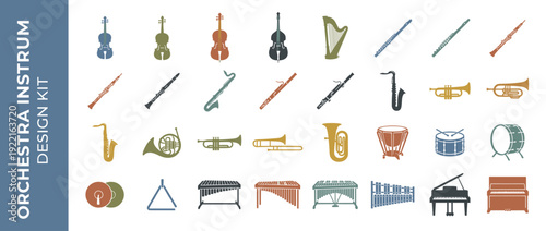Orchestra Instrument Icon Set: 28 Flat Silhouettes in Muted Editorial Palette including Violin, Cello, Harp, Flute, Clarinet, Saxophone, Trumpet, French Horn, Tuba, Percussion, and Piano.