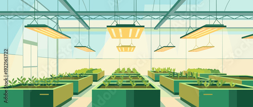 Modern Greenhouse Interior with Rows of Green Seedlings Growing in Raised Beds Under Artificial LED Grow Lights, Flat Vector Illustration of Sustainable Indoor Farming and Smart Agriculture.