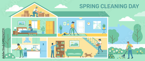 Spring Cleaning Day Flat Vector Illustration of a Family Tidying Up Their House. People vacuuming, raking leaves, cleaning the kitchen, making the bed, organizing the attic, and doing laundry.