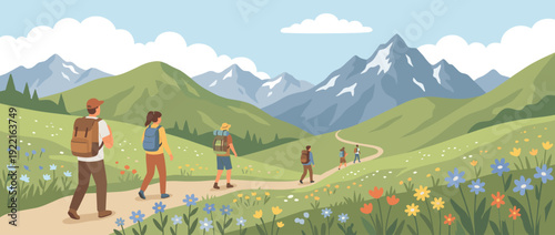 Flat Vector Illustration of a Group of Hikers with Backpacks Walking Along a Winding Mountain Trail Through Vibrant Alpine Meadows Filled with Wildflowers Under a Clear Blue Sky and Snow Peaks