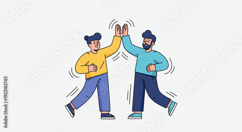 Two cartoon men with yellow and blue shirts celebrating a victory with a high five and energetic motion lines, representing achievement and positive connection