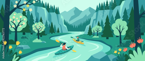 Flat Vector Illustration of People Kayaking on a Winding Spring River Through a Forested Canyon with Mountains, Pine Trees, and Blooming Flowers, Outdoor Adventure and Nature Recreation Scene.