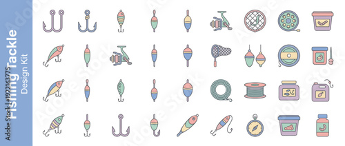 Comprehensive Vector Icon Set of 28 Fishing Tackle and Bait Items in Flat Design Style with Soft Pastel Colors. Includes Hooks, Lures, Bobbers, Reels, Nets, Fishing Line, and Bait Containers for