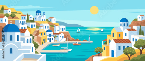 Flat Vector Illustration of a Picturesque Mediterranean Seaside Village with Iconic White Houses and Blue Domed Roofs in Santorini Greece, Beautiful Coastal Landscape with Boats and Sunny Sky