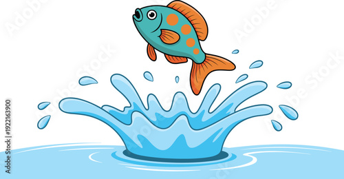 Teal and Orange Fish Leaping out of Water with a Large Blue Splash on a White Background, Concept of Aquatic Vitality, Dynamic Movement, Marine Life, and Recreational Fishing Vector Illustration