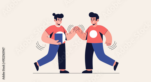 Celebrating unity and teamwork with a high-five, illustrating partnership and mutual success through a friendly, positive interaction between two individuals in a modern, abstract style