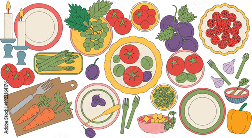 Top-Down View of a Banquet Table with Fresh Vegetables, Fruit, Candles,, Concept of Communal Dining, Culinary Abundance, Healthy Gastronomy, and Festive Hospitality Vector Illustration