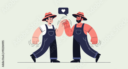 Two farmers in hats giving each other a high-five, expressing connection and teamwork in a rural setting with a heart icon above them symbolizing affection and friendship