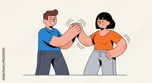 Two friends celebrating a success with a high five, showcasing teamwork, partnership, and mutual achievement in a modern, minimalist illustration style that conveys positivity and camaraderie