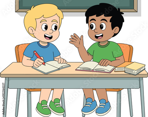 Two Young Schoolboys Studying Together at a Desk in a Classroom, Concept of Collaborative Learning, Peer Support, Early Childhood Education, and Academic Teamwork Vector Illustration