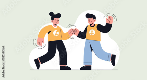 Friends or colleagues giving each other a fist bump as a gesture of agreement, celebration, or solidarity, representing teamwork and unity in a modern, abstract illustration