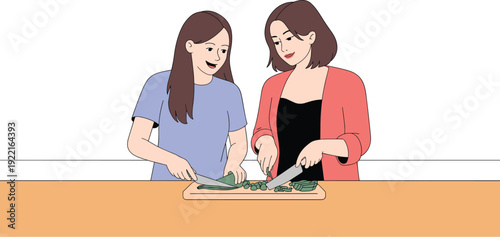 Two Young Women Chopping Fresh Green Vegetables Together in a Kitchen, Concept of Collaborative Cooking, Healthy Lifestyle, Culinary Friendship, and Home Meal Preparation Vector Illustration