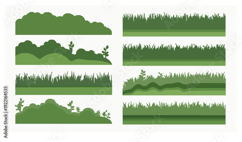 Layered green grass and bush silhouette landscape vector collection