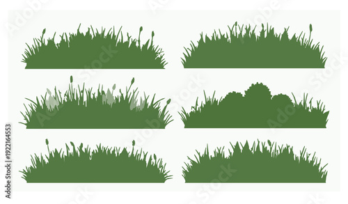 Wild meadow grass and shrub silhouette border vector set
