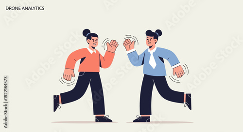 Two stylized, animated characters with open hands extended in a wave, suggesting a greeting, meeting, or friendly interaction, depicted against a plain background