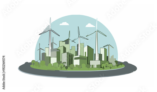 Minimal sustainable city with wind turbines and circular road vector illustration