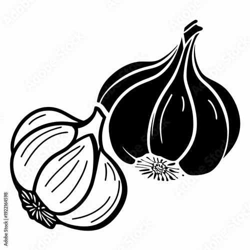 garlic icons in different styles, including line art, a solid black silhouette, and a flat color illustration