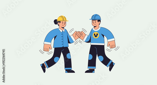 Two construction workers, one wearing a yellow hard hat and the other a blue hard hat, giving each other a fist bump, celebrating a successful project completion or teamwork accomplishment