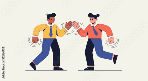 Two diverse individuals celebrating success with a high five, symbolizing teamwork, agreement, and a positive partnership, conveyed through a minimalist, modern illustration style