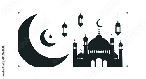 A striking black and white illustration depicts a crescent moon ornate lanterns and a prominent mosque silhouette