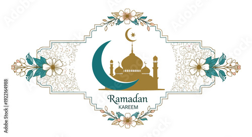 An ornate ramadan kareem graphic featuring a crescent moon mosque and floral embellishments in pastel colors high quality