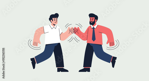 Two happy diverse businessmen giving each other a fist bump as a symbol of agreement, success, and partnership in a modern flat illustration style on a light gray background