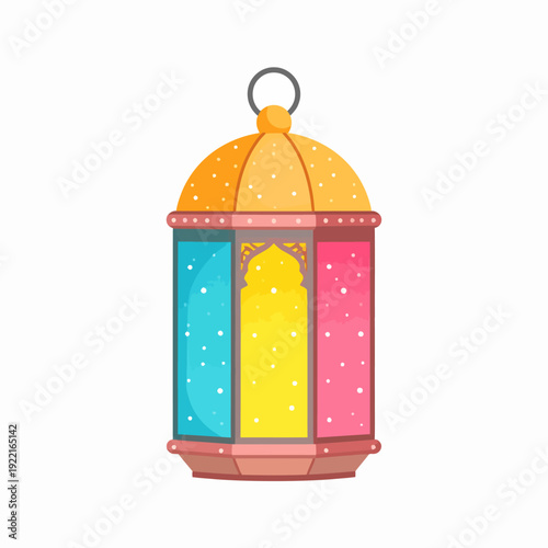 a stylized cylindrical lantern with pink base, blue and yellow sections, white dotted dome, captured from a straight-on viewpoint in a clean white setting
