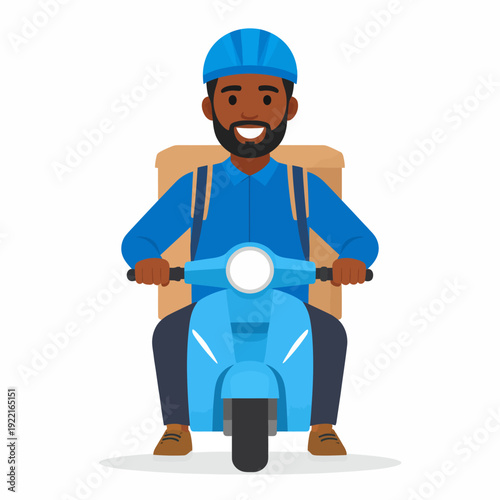 Cheerful cartoon man on a vibrant blue scooter rides confidently through a crisp white backdrop, showcasing his blue shirt, hat, tan bag, and brown boots from a side viewpoint