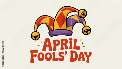 Colorful jester hat with april fools' day text on beige background festive holiday symbol