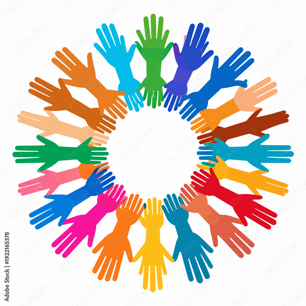 Fototapeta premium Vibrant illustration of colorful diverse hands forming a circle of unity and diversity, viewed from above, showcasing inclusive cooperation in a clean white graphic environment