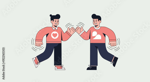 Illustration of two people doing a high five with icons on their shirts, symbolizing friendship, connection, and teamwork in a simple, modern graphic style