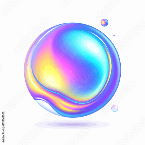 Photographing an iridescent sphere with swirling pastel hues in a minimalist white studio, emphasizing gentle lighting and calm serenity from a centered frontal perspective