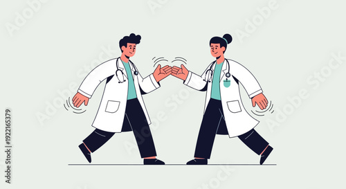 Two doctors in white coats are bumping fists in a gesture of camaraderie and mutual respect, symbolizing teamwork and shared success in healthcare settings