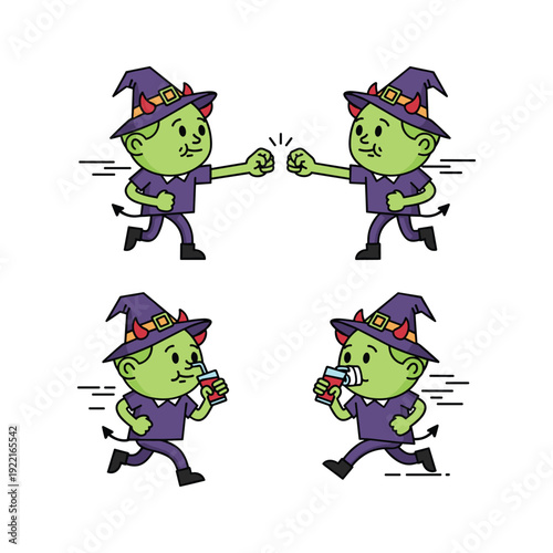 Cartoon witch exercising and drinking water in a fun and energetic style