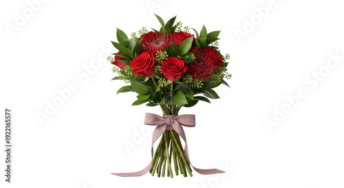 Vibrant red rose and protea flower bouquet with lush green foliage, tied with a delicate pink ribbon, isolated on a transparent background.