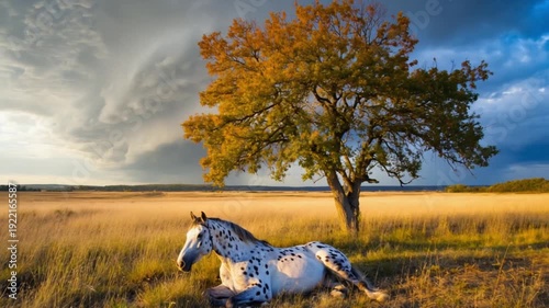 Majestic white horse with black spots running freely in open field under dramatic sky