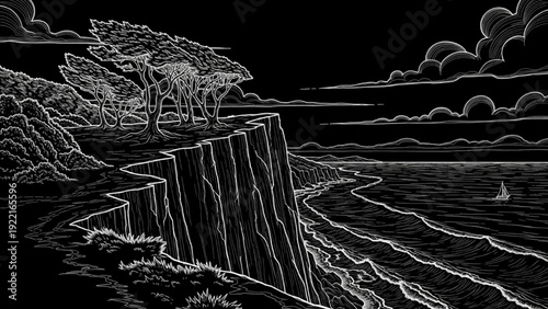 High-quality line art of cliffside view overlooking ocean, dramatic scenic travel scene on black background
