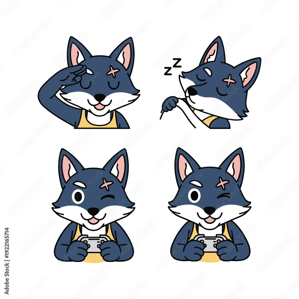 Obraz premium Cartoon wolf character set with different emotions on white background