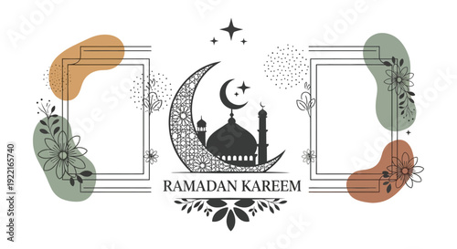 A decorative ramadan kareem illustration featuring a crescent moon mosque and floral elements in muted tones high quality